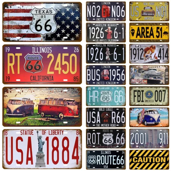 Route 66 Car Bus Number License Plate Wall Art FBI Plaque Metal Vintage Warning Car Number Metal Sign Bar Decor Metalen Borden