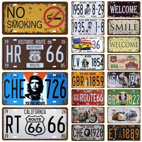 Route 66 Car Bus Number License Plate Wall Art FBI Plaque Metal Vintage Warning Car Number Metal Sign Bar Decor Metalen Borden