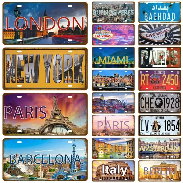 Route 66 France City License Plate Metal Sign Vintage Plaque Tin Sign Wall Decor Bar Decor PARIS LYON MARSEILLE Flag Poster Art