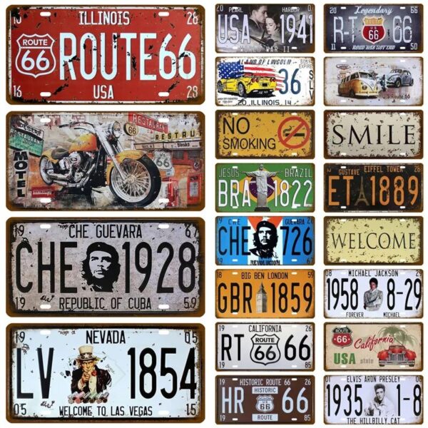 Route 66 Vintage Poster Car Number License Plate Plaque Poster Metal Tin Signs Bar Club Wall Art Garage Home Decoration 15*30cm