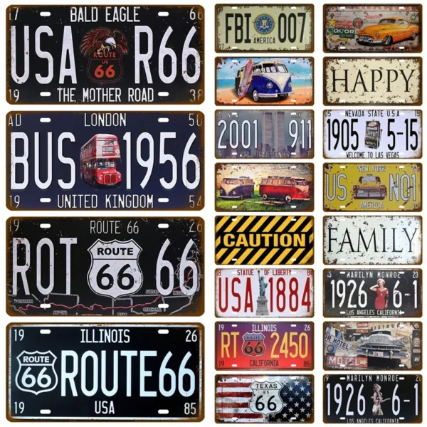 Route 66 Vintage Poster Car Number License Plate Plaque Poster Metal Tin Signs Bar Club Wall Art Garage Home Decoration 15*30cm