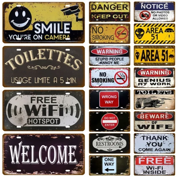 Toile Smile Welcome WIFI License Plate Store Wall Decor Restrooms Tin Sign Vintage Road Guide Metal Sign Painting Plaques Poster