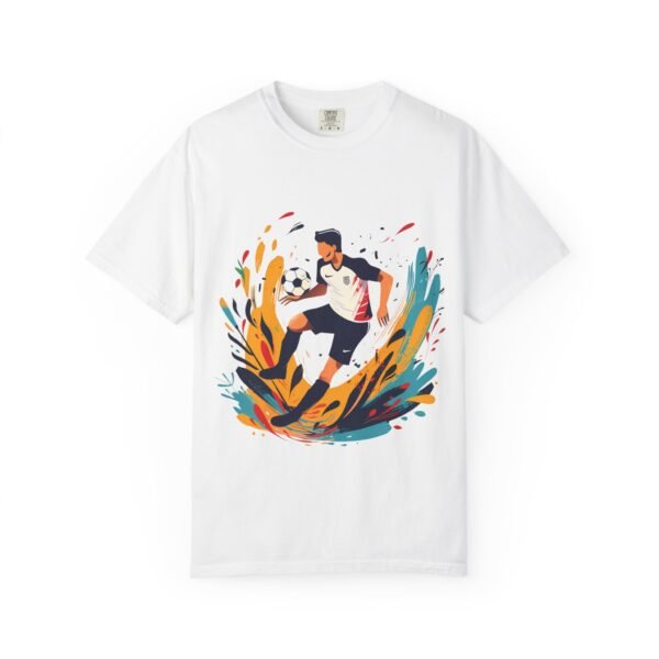 Soccer Player Graphic T-Shirt — Colorful Athletic Football Tee for Fans
