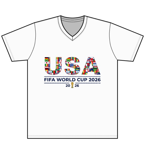 USA FIFA World Cup 2026 V-Neck T-Shirt — Multinational Flag Design