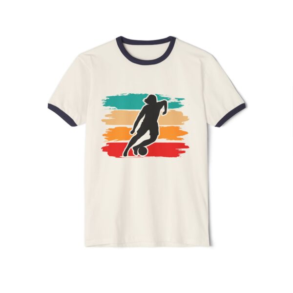 Retro Soccer Player Ringer Tee — Vintage Football Silhouette Shirt